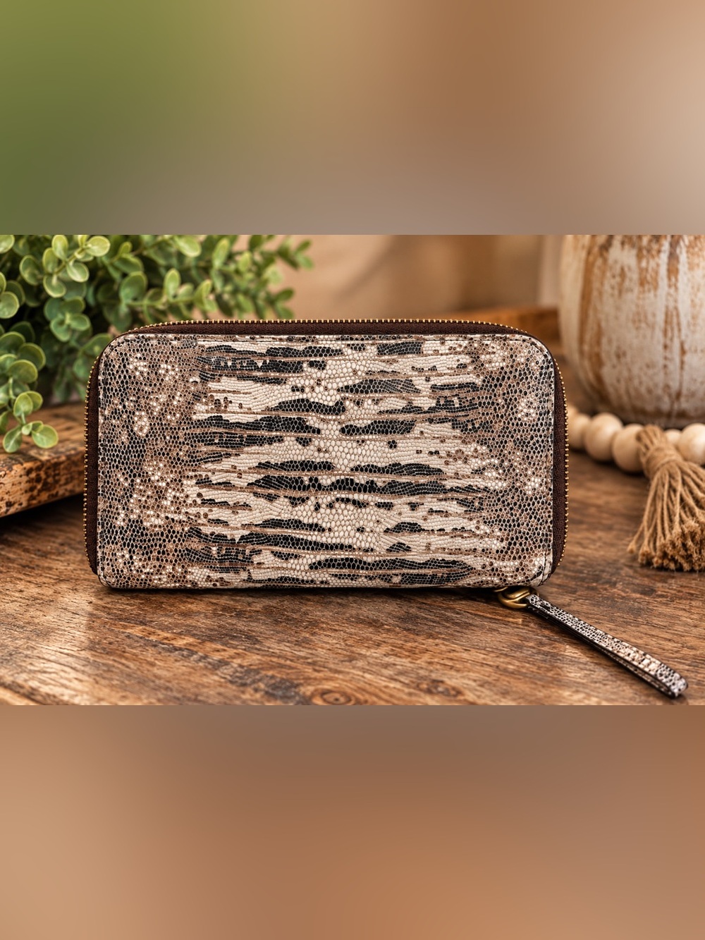 HOBO Reptile Print Zip Around Wristlet Wallet Neutral Leather